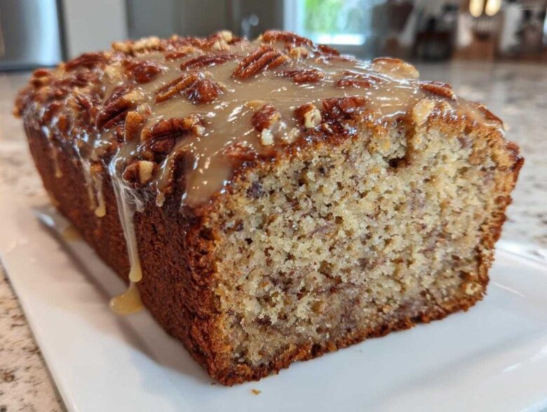 Close-up of a loaf of sweet alabama pecan bread topped with pecan halves and a thick caramel glaze dripping down the side.