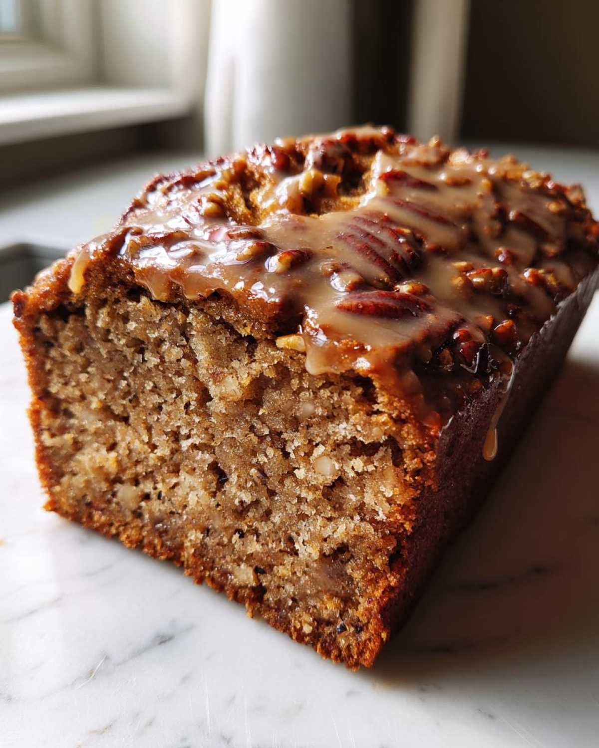 Close-up of a loaf of sweet alabama pecan bread topped with a thick, glossy pecan glaze.