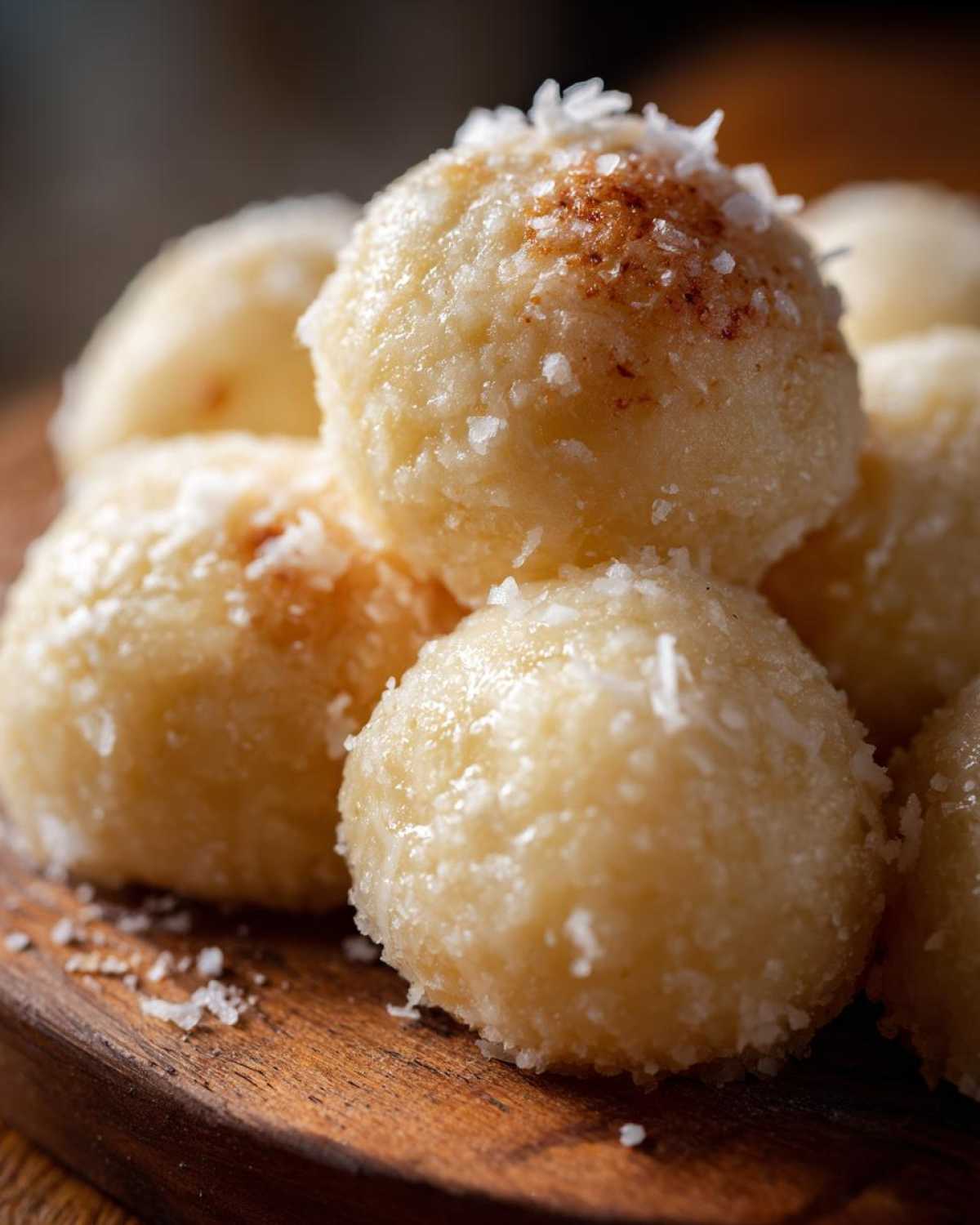 Close-up of sweet, round potato dumplings coated in coconut flakes and sprinkled with cinnamon.