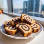 A plate stacked with slices of chocolate and vanilla pinwheel cookies showing distinct, tight swirls.