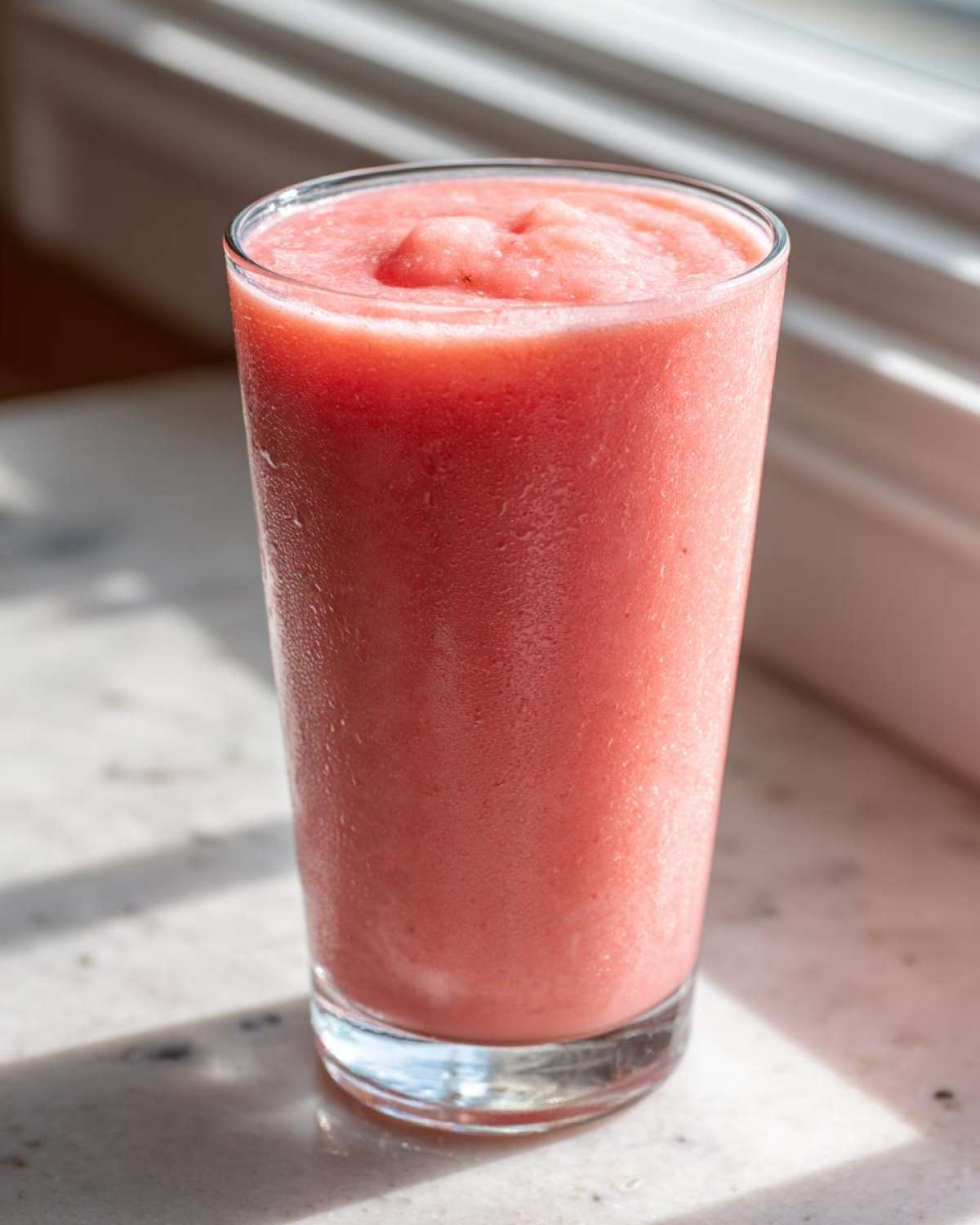 A tall glass filled with a thick, frosty pink watermelon smoothie, sitting on a light counter near a window.