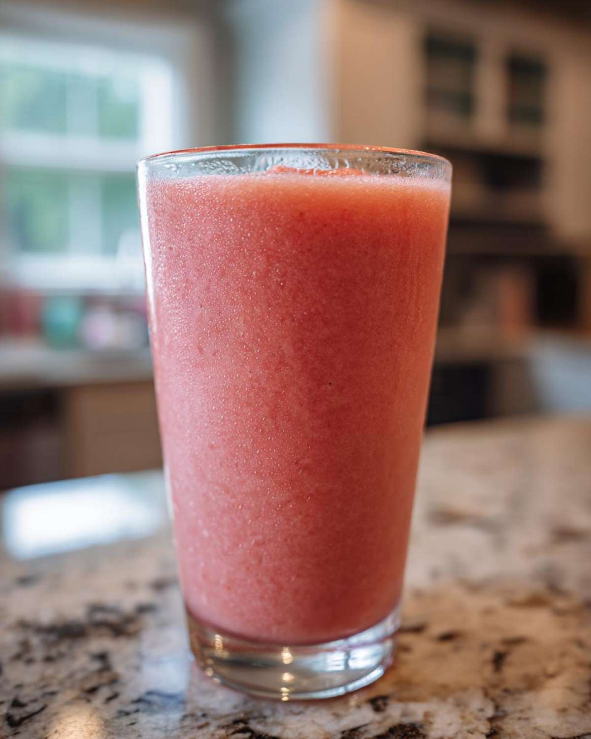 Close-up of a tall glass filled with a vibrant, icy watermelon smoothie sitting on a granite countertop.