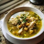 Close-up of a white bowl filled with flavorful chicken pozole broth, shredded chicken, chickpeas, and fresh cilantro.