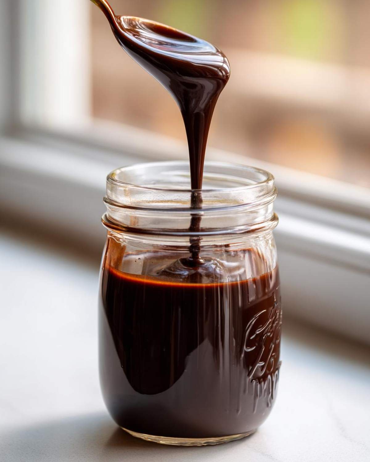 Thick, glossy homemade chocolate syrup being drizzled from a spoon into a small glass jar.