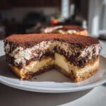 A cross-section view of a rich tiramisu cheesecake with a creamy layer, coffee-soaked middle, and heavy cocoa powder topping.