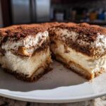 A rich slice of tiramisu cheesecake showing layers of cream and soaked ladyfingers, dusted heavily with cocoa powder.