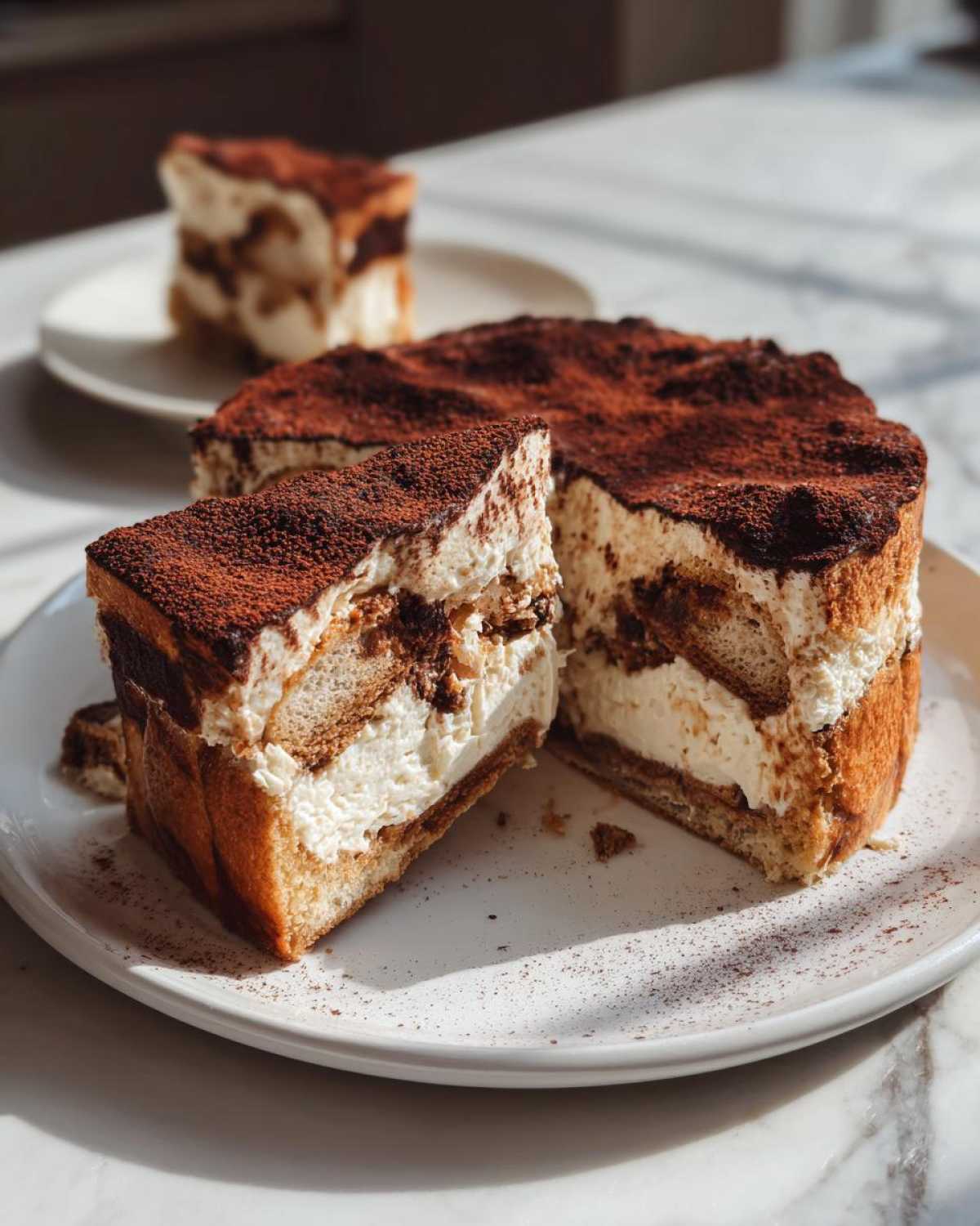 A slice cut from a round tiramisu cheesecake, showing layers of cream and coffee-soaked biscuits, dusted heavily with cocoa powder.