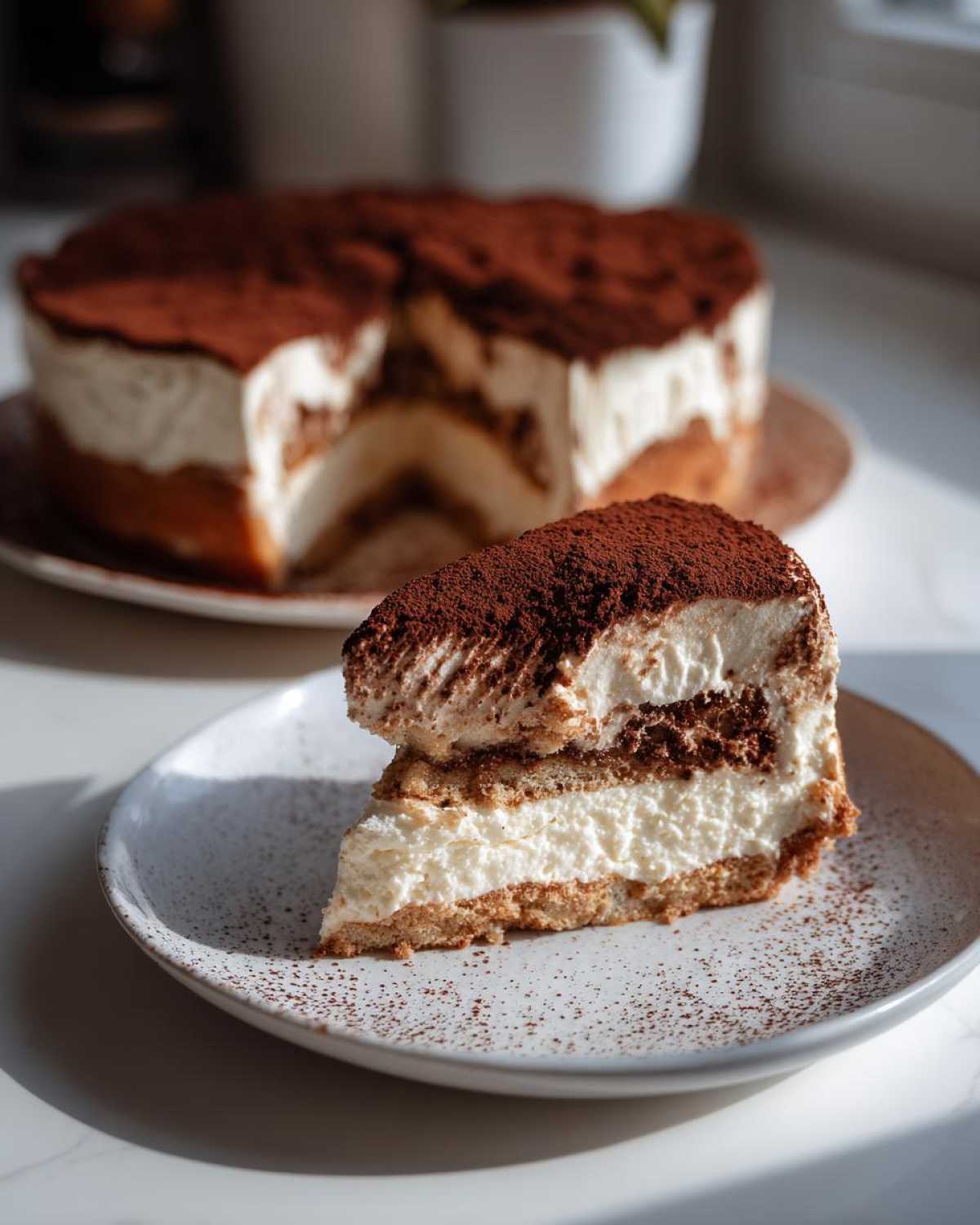 A decadent slice of tiramisu cheesecake dusted heavily with cocoa powder, served on a white plate.