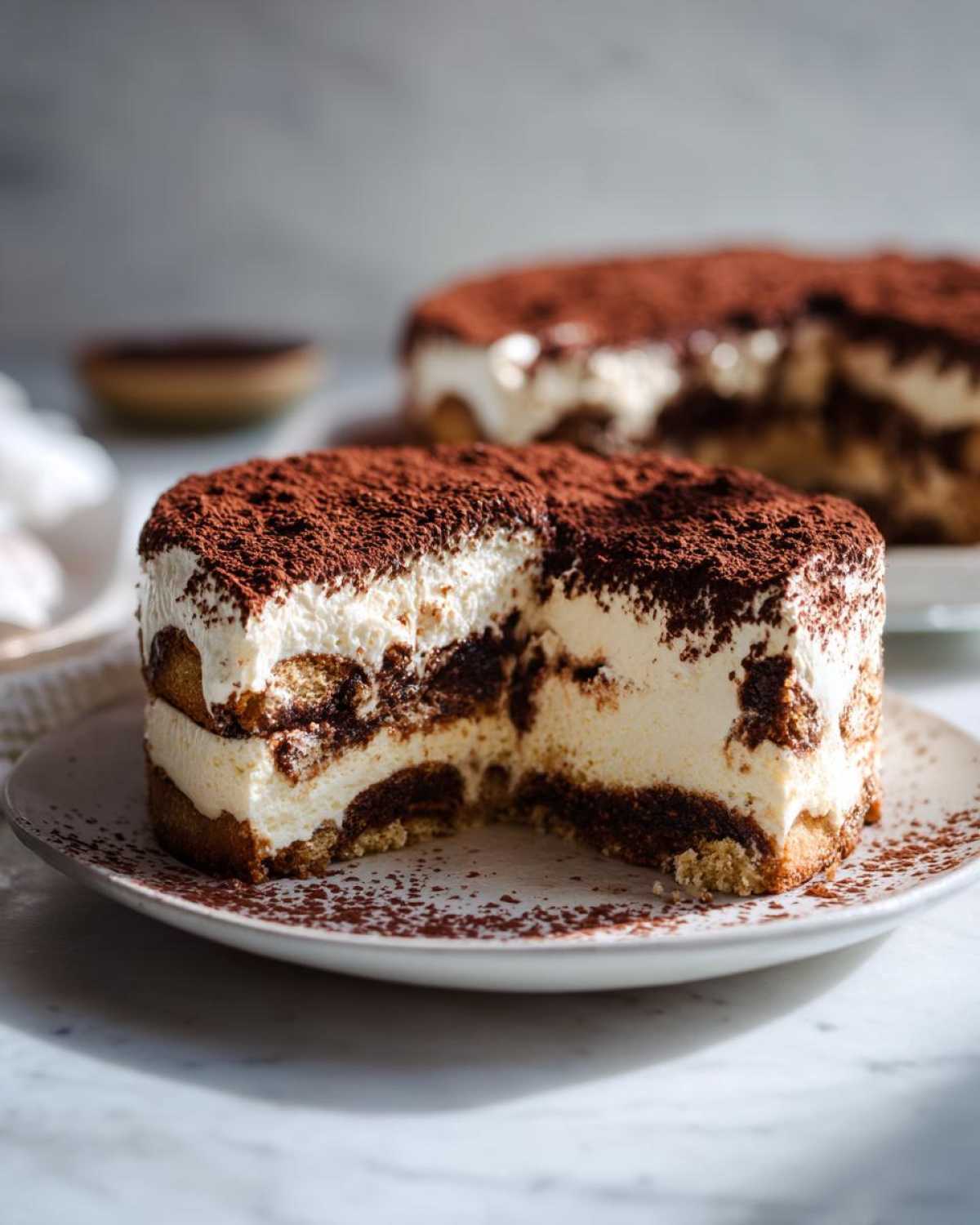 A slice removed from a round tiramisu cheesecake, showing layers of cream and coffee-soaked cake, dusted heavily with cocoa powder.