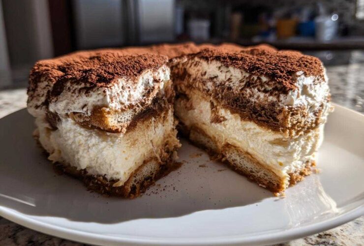 A rich slice of tiramisu cheesecake showing layers of cream and soaked ladyfingers, dusted heavily with cocoa powder.