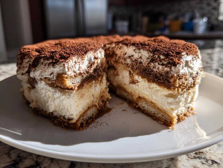 A rich slice of tiramisu cheesecake showing layers of cream and soaked ladyfingers, dusted heavily with cocoa powder.
