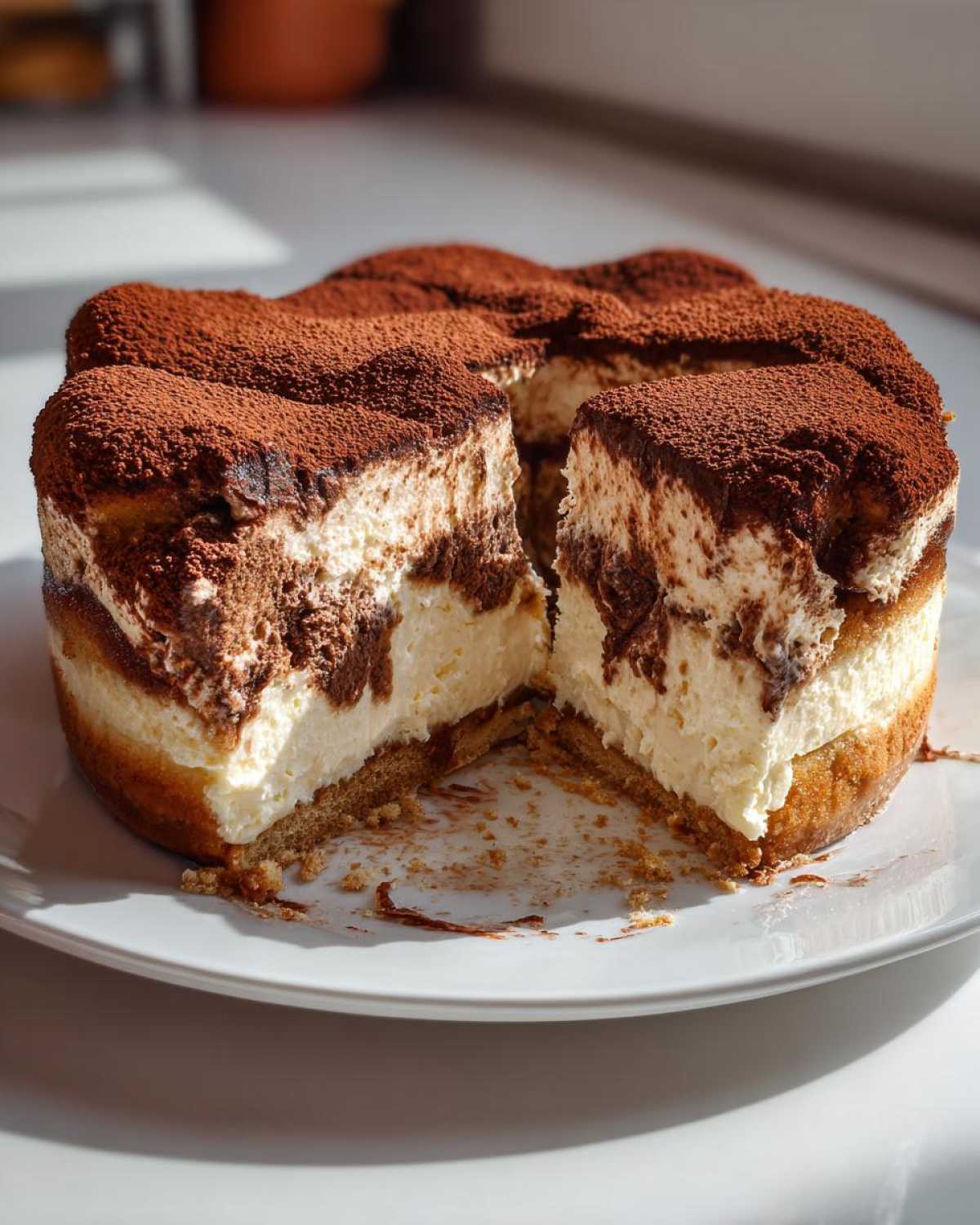 A slice removed from a creamy tiramisu cheesecake dusted heavily with cocoa powder.