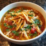 Close-up of a white bowl filled with rich, brothy tortilla soup recipe topped with shredded chicken, tomatoes, cheese, and crispy tortilla strips.