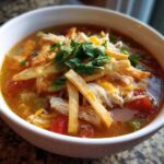A close-up view of a hearty bowl of tortilla soup recipe, topped with shredded chicken, cheese, crispy tortilla strips, and fresh cilantro.