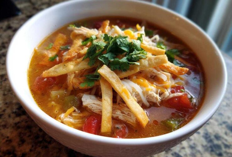 A close-up view of a hearty bowl of tortilla soup recipe, topped with shredded chicken, cheese, crispy tortilla strips, and fresh cilantro.