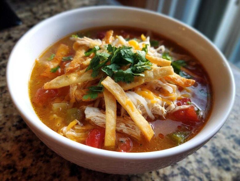 A close-up view of a hearty bowl of tortilla soup recipe, topped with shredded chicken, cheese, crispy tortilla strips, and fresh cilantro.