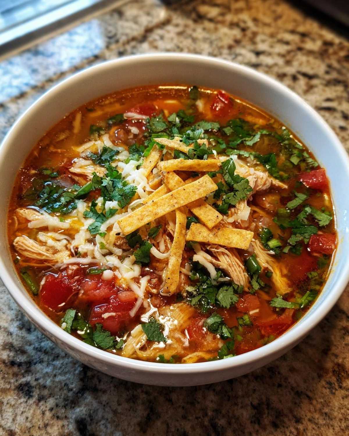 Close-up of a hearty bowl of tortilla soup recipe topped with shredded chicken, cheese, cilantro, and crispy tortilla strips.