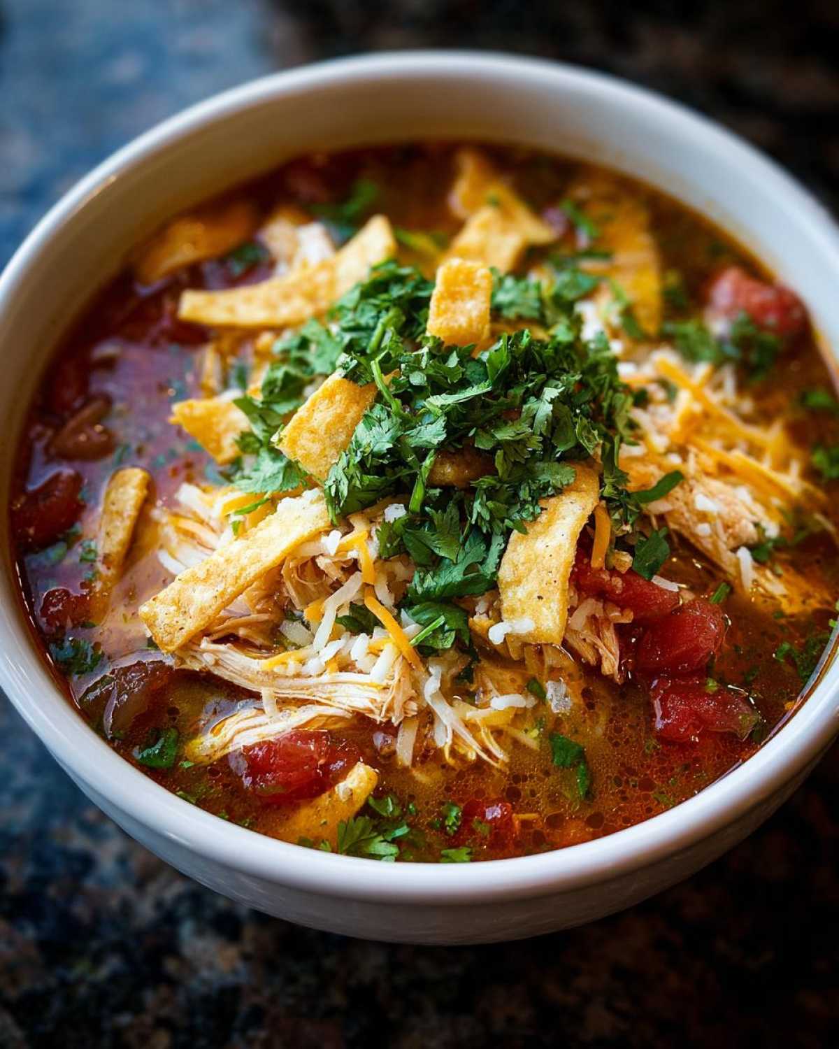 A close-up bowl of rich tortilla soup recipe topped with shredded chicken, cheese, crispy tortilla strips, and fresh cilantro.