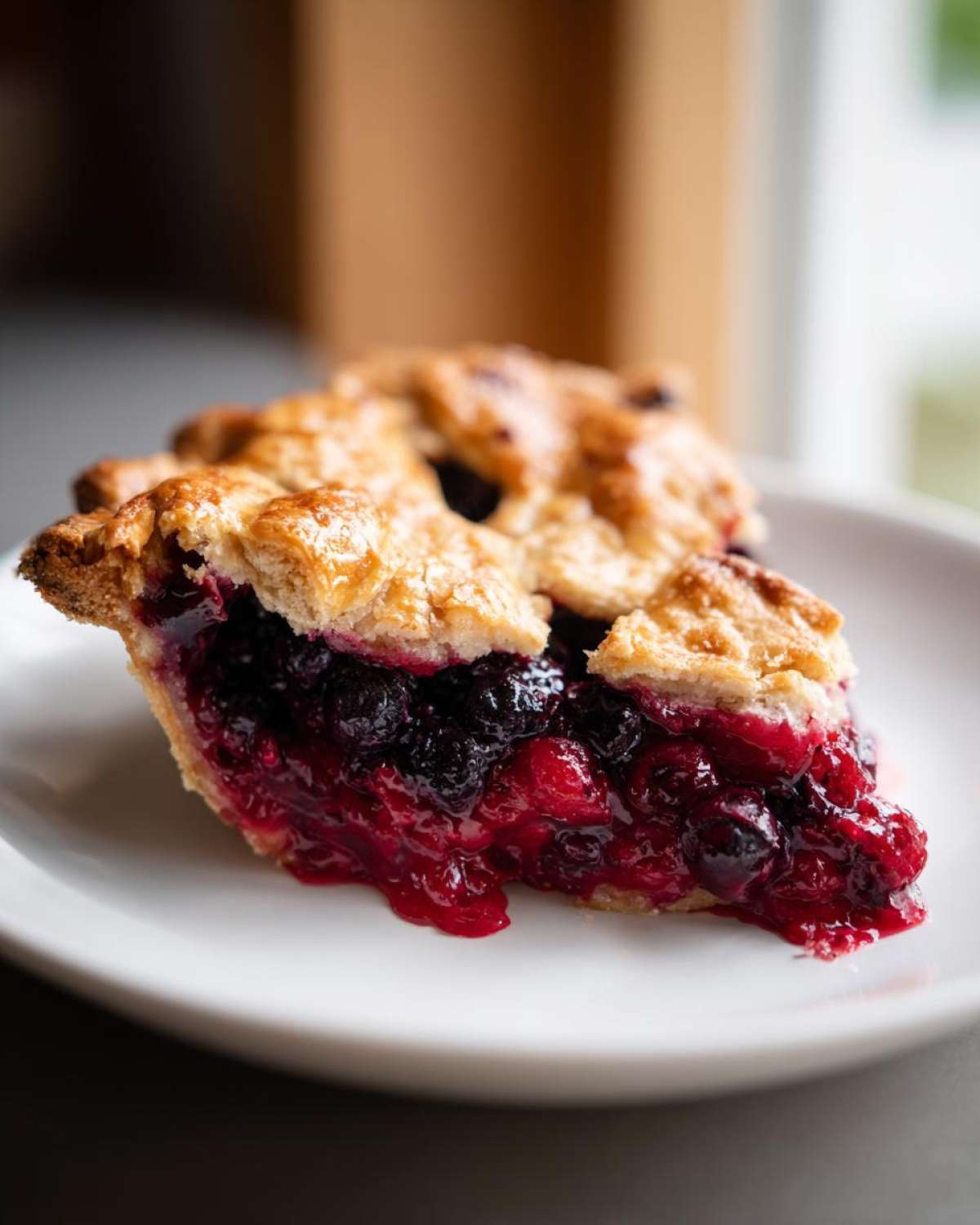 A close-up of a slice of triple berry pie showing the rich, dark berry filling and flaky golden crust.