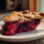 A close-up, sunlit slice of triple berry pie showing juicy red and dark berries filling and a flaky golden crust.