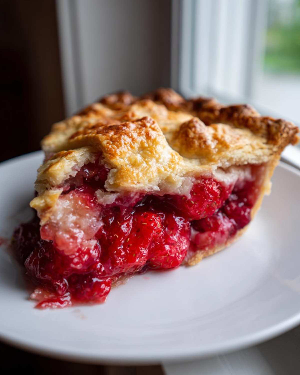 Close-up of a slice of triple berry pie showing juicy red filling and a golden, flaky crust.