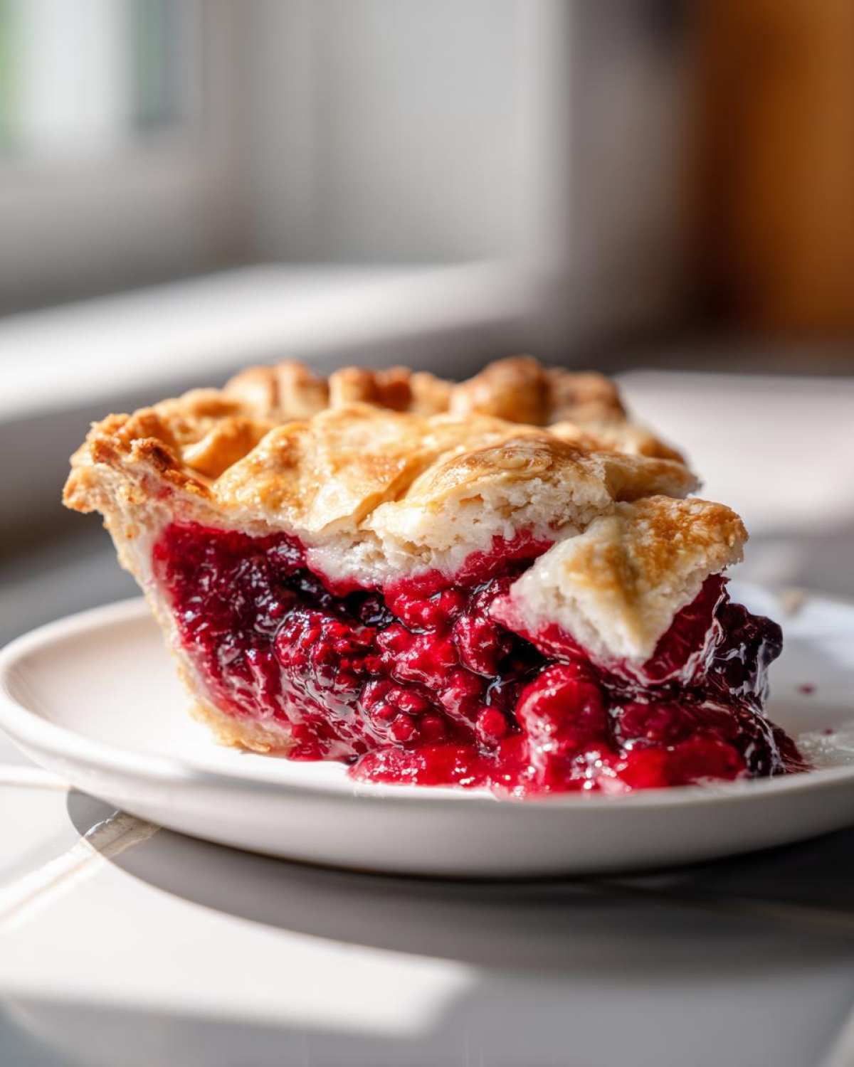 Close-up of a perfect slice of triple berry pie showing a flaky crust and rich, glistening berry filling.