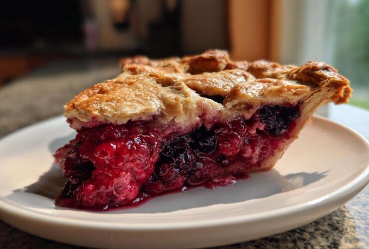 A close-up, sunlit slice of triple berry pie showing juicy red and dark berries filling and a flaky golden crust.