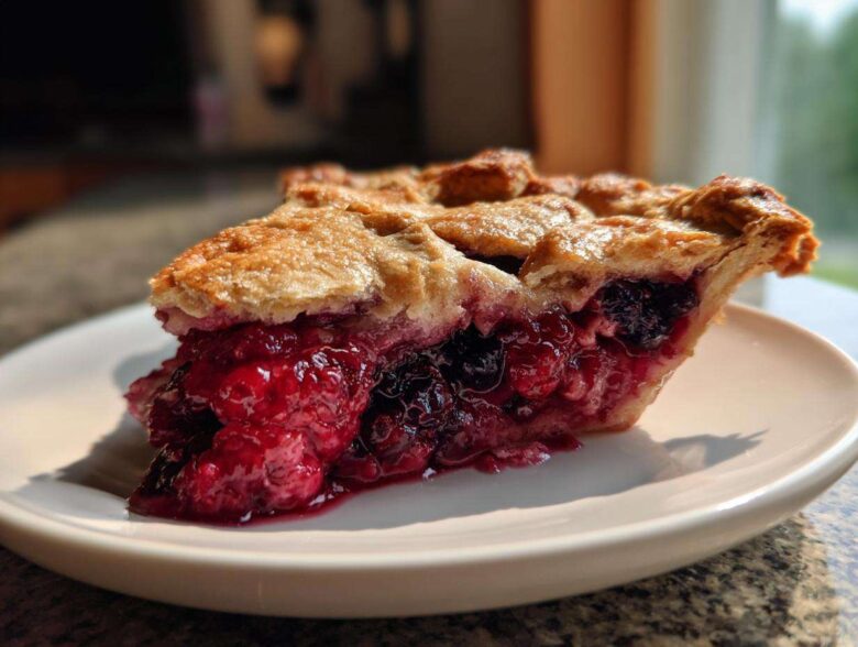 A close-up, sunlit slice of triple berry pie showing juicy red and dark berries filling and a flaky golden crust.