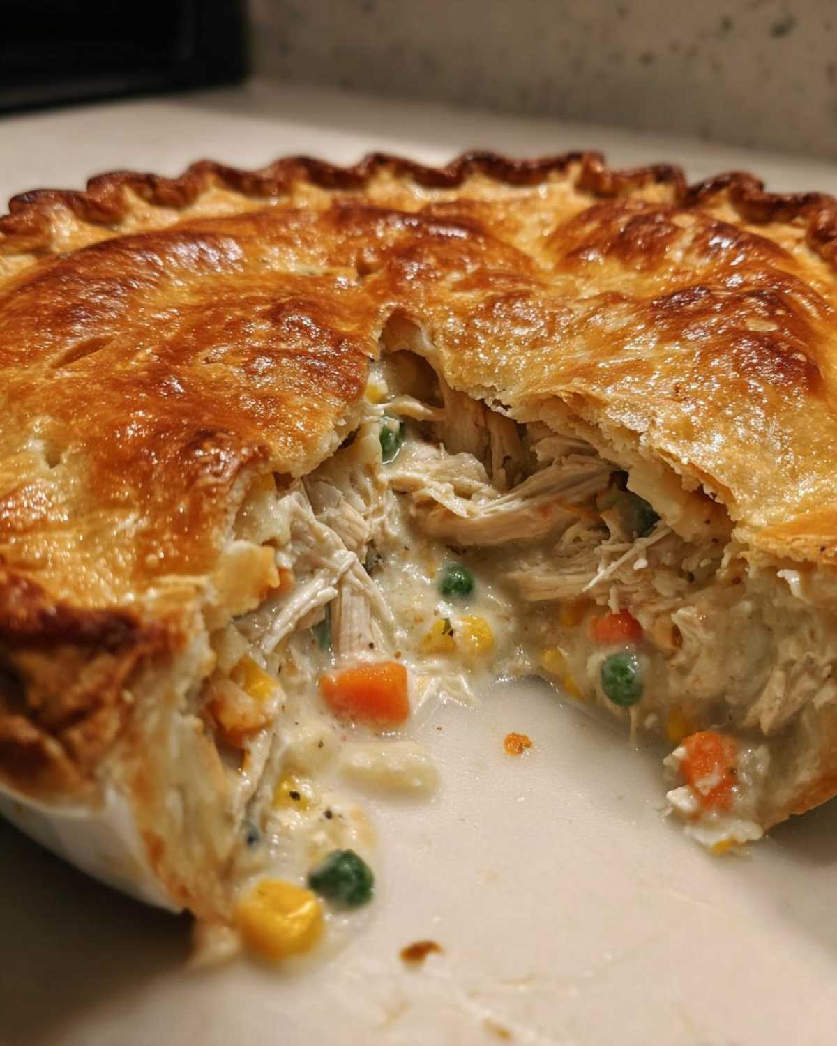 Close-up of a freshly baked turkey pot pie recipe with a golden, flaky crust broken open to show creamy filling, shredded turkey, peas, and carrots.