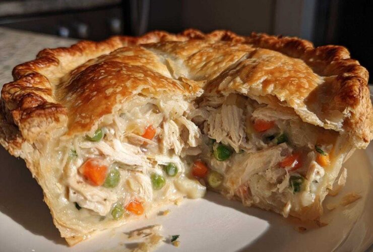A close-up cross-section of a turkey pot pie recipe showing shredded turkey, peas, and carrots in a creamy sauce under a golden, flaky crust.