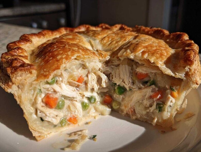 A close-up cross-section of a turkey pot pie recipe showing shredded turkey, peas, and carrots in a creamy sauce under a golden, flaky crust.
