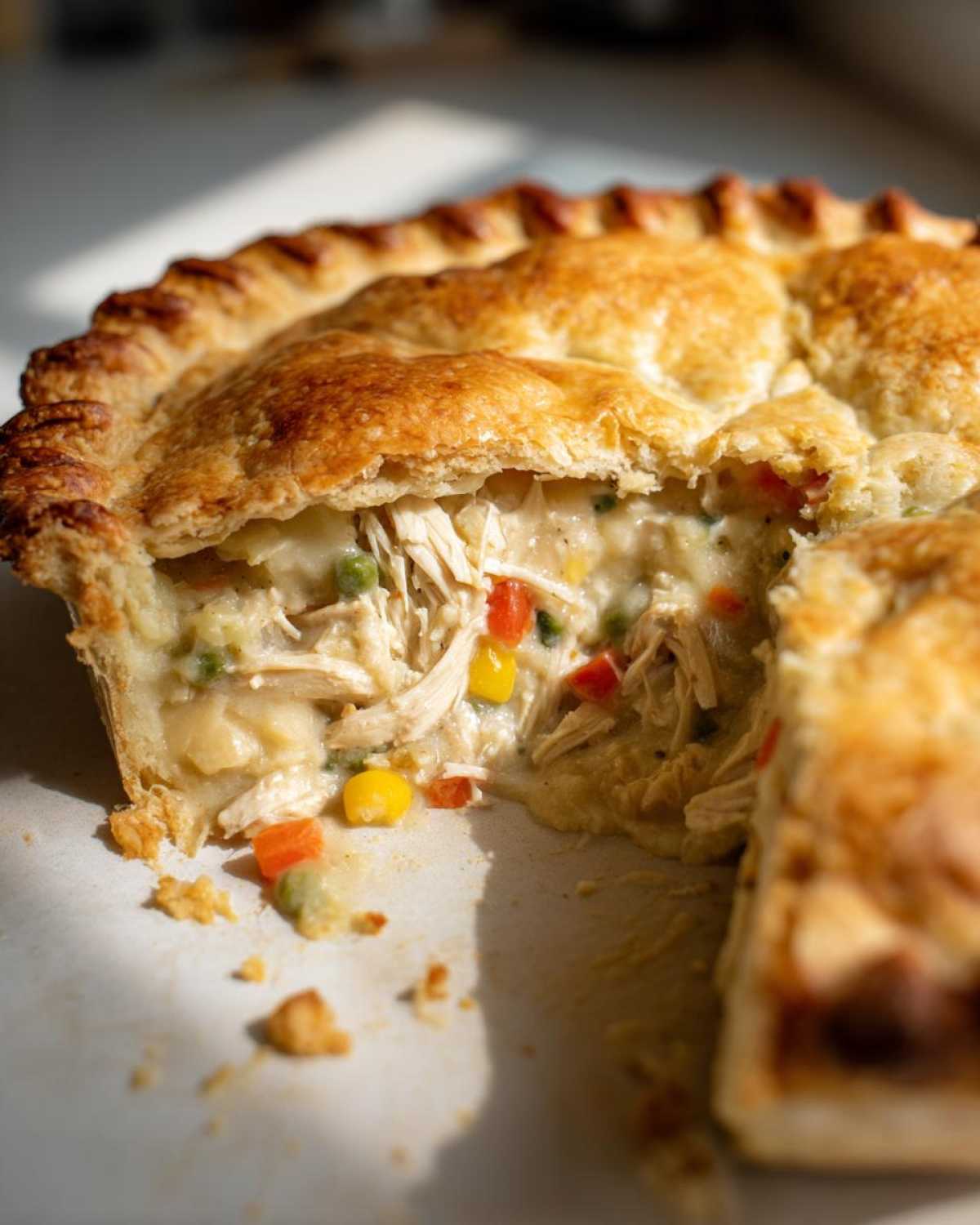 Close-up of a slice removed from a golden-crusted turkey pot pie recipe, showing creamy filling with shredded turkey and mixed vegetables.