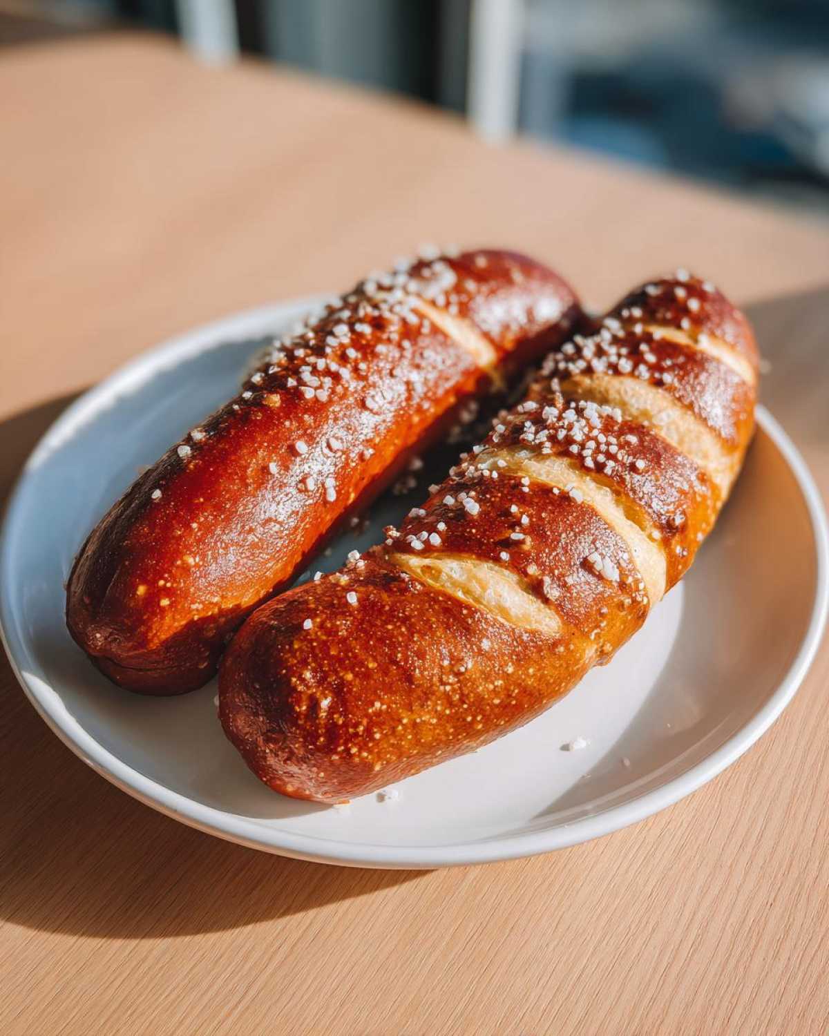 Two freshly baked pretzel dogs, glistening brown and topped with coarse salt, resting on a white plate.