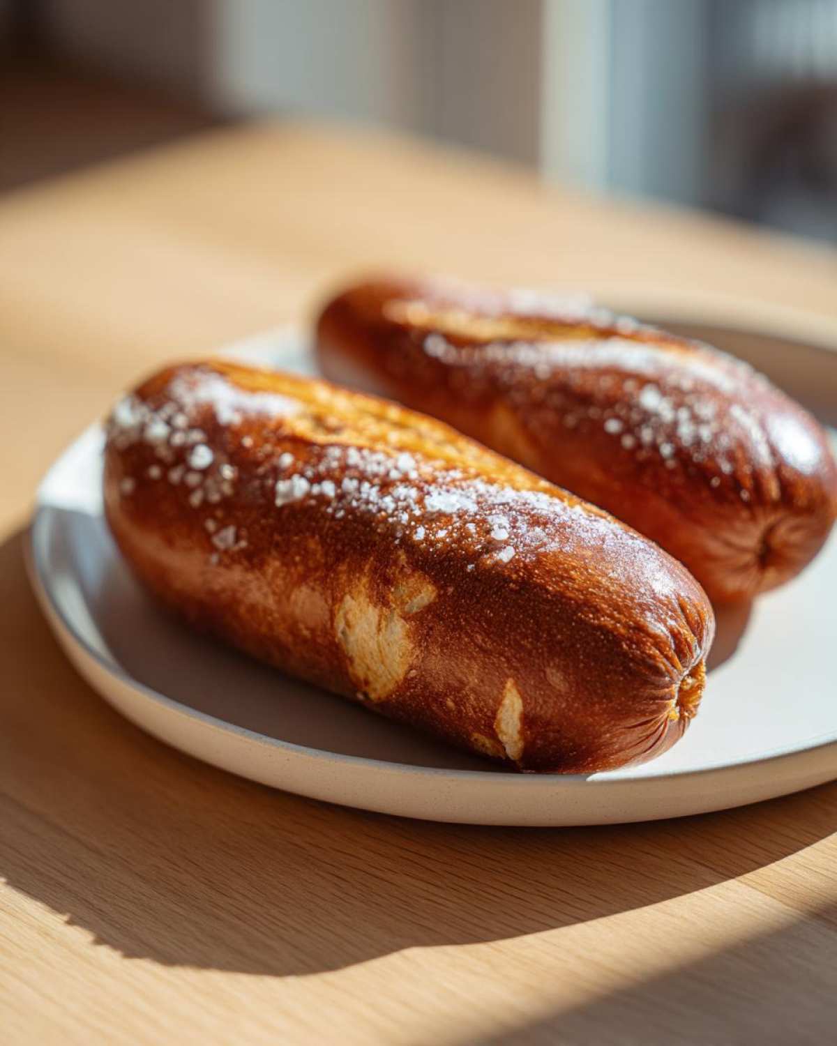 Two golden-brown pretzel dogs sprinkled with coarse salt resting on a light plate.