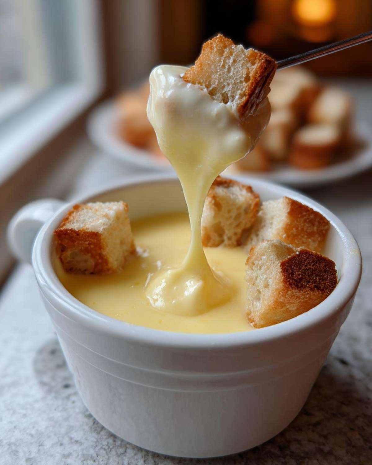 A piece of toasted bread is dipped into a white mug filled with velvety smooth cheese fondue recipe, showing a dramatic cheese pull.