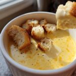 A piece of crusty bread being dipped into a white bowl of smooth, yellow cheese fondue recipe, topped with croutons and pepper.