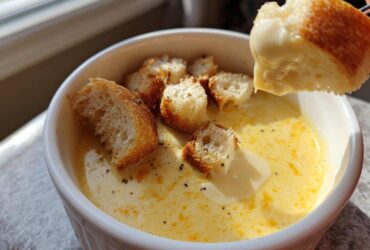 A piece of crusty bread being dipped into a white bowl of smooth, yellow cheese fondue recipe, topped with croutons and pepper.