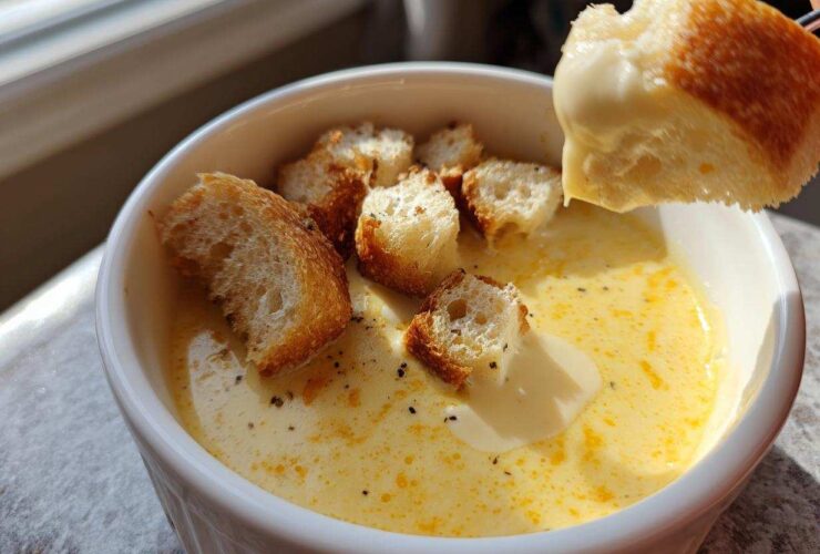 A piece of crusty bread being dipped into a white bowl of smooth, yellow cheese fondue recipe, topped with croutons and pepper.