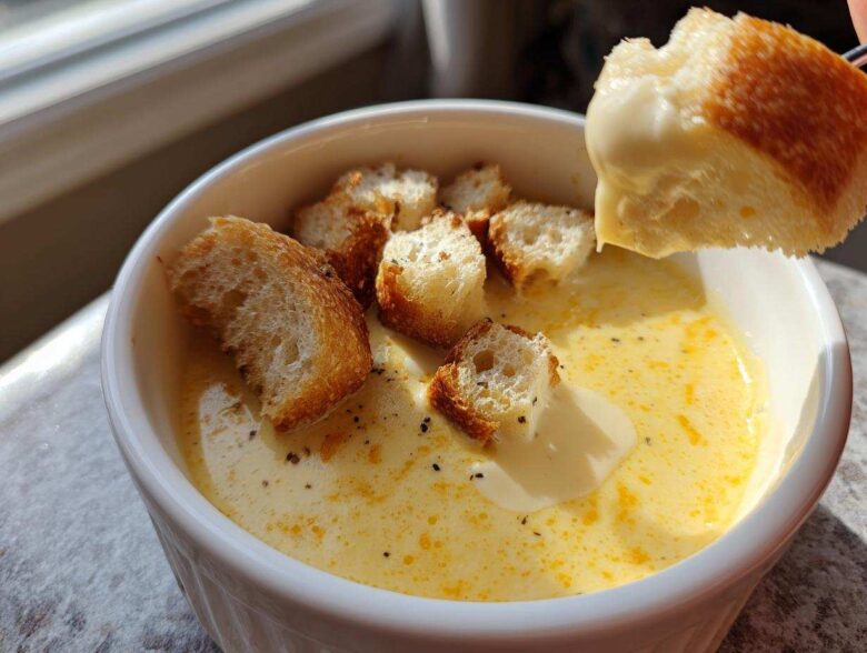 A piece of crusty bread being dipped into a white bowl of smooth, yellow cheese fondue recipe, topped with croutons and pepper.