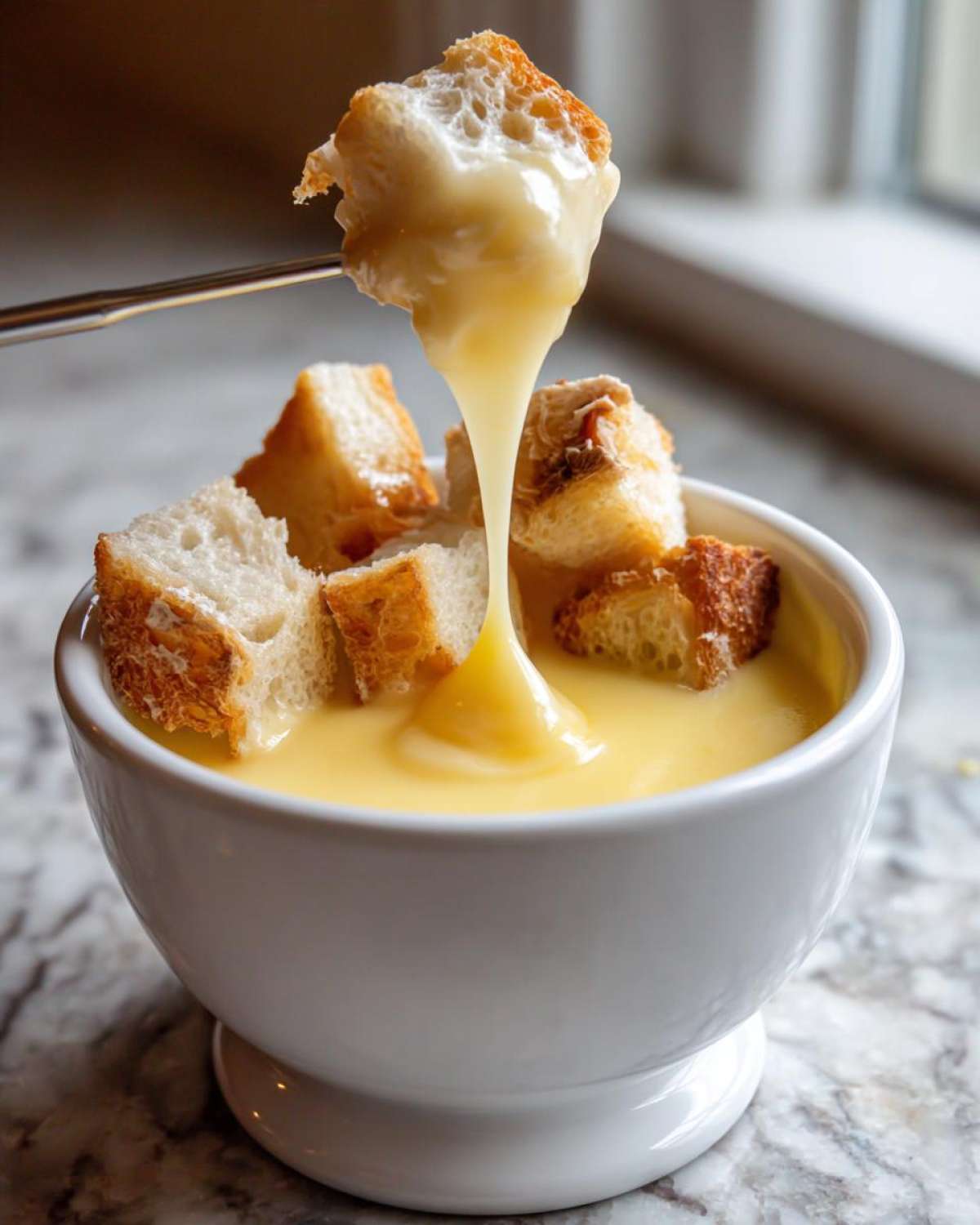 A piece of bread being lifted from a white bowl filled with smooth, yellow cheese fondue recipe.