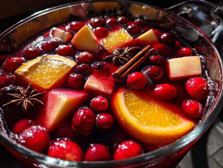 Close-up of vibrant holiday sangria floating with cranberries, orange slices, apple chunks, star anise, and cinnamon sticks.
