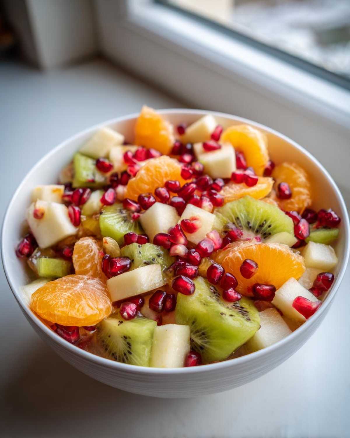 Close-up of a vibrant winter fruit salad featuring kiwi, orange segments, apple chunks, and pomegranate seeds.