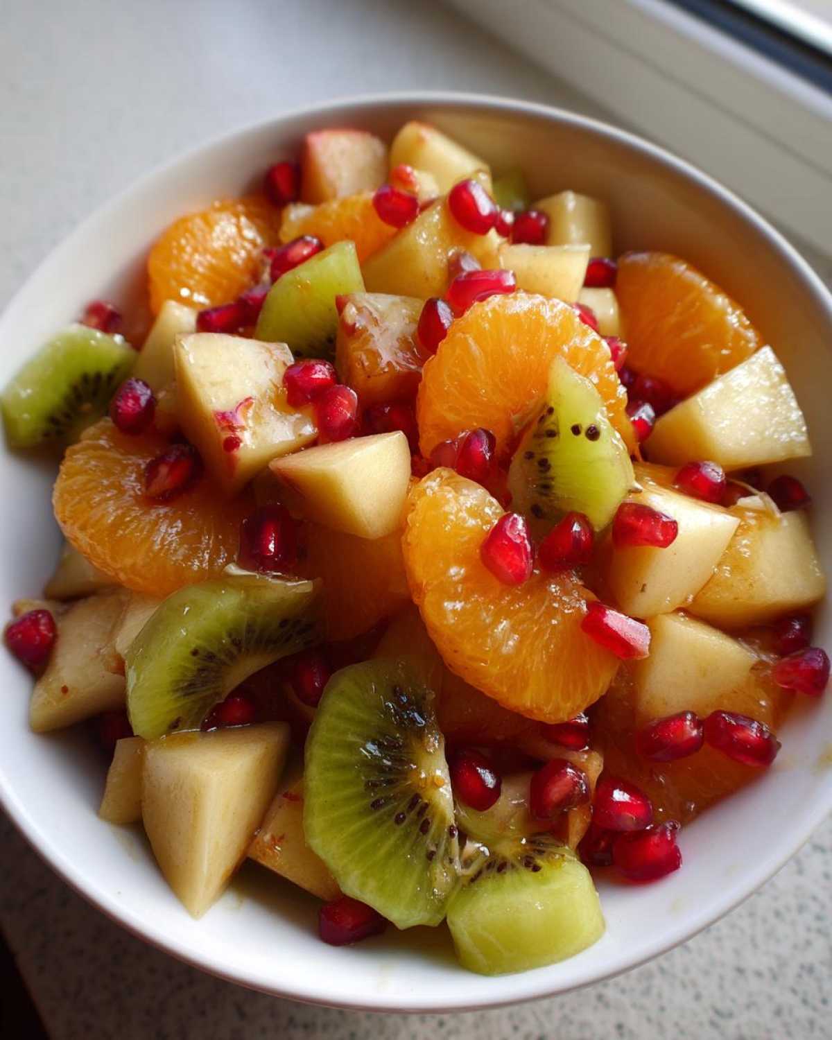 Close-up of a white bowl filled with a vibrant winter fruit salad featuring kiwi, orange slices, apples, and pomegranate seeds.