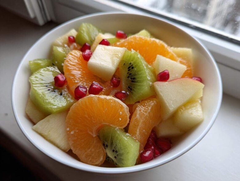 Close-up of a vibrant winter fruit salad featuring kiwi, orange segments, apple chunks, and pomegranate seeds.