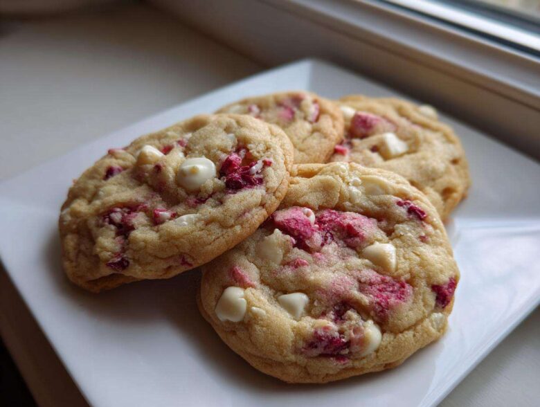 Four freshly baked white chocolate raspberry cookies piled on a white square plate near a window.