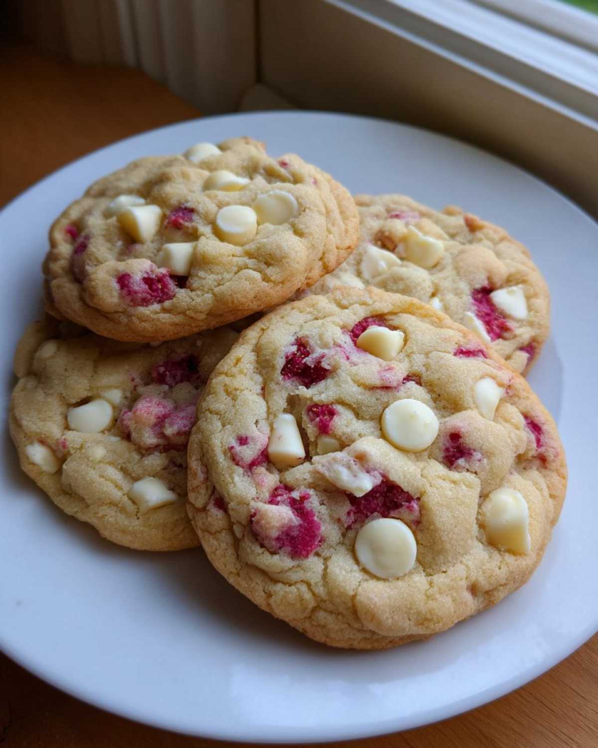 Four freshly baked white chocolate raspberry cookies piled on a white plate near a window.