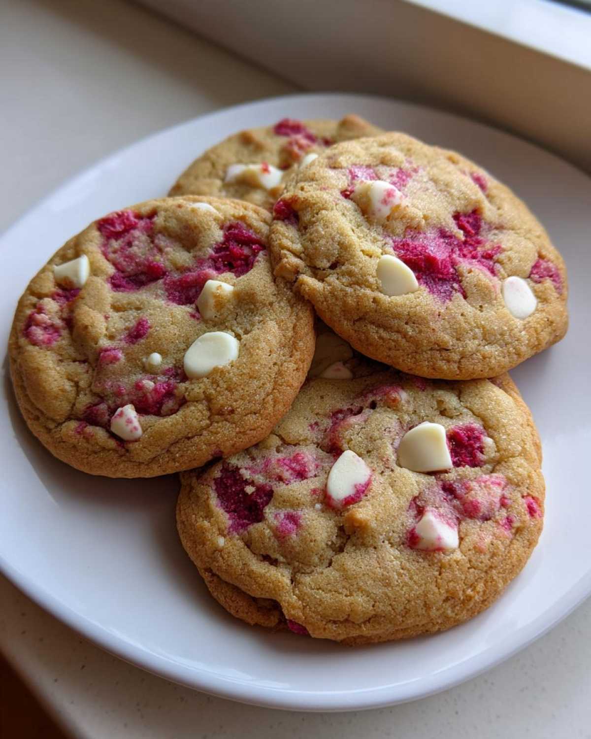Four freshly baked white chocolate raspberry cookies piled on a white plate, showing bright pink raspberry swirls.