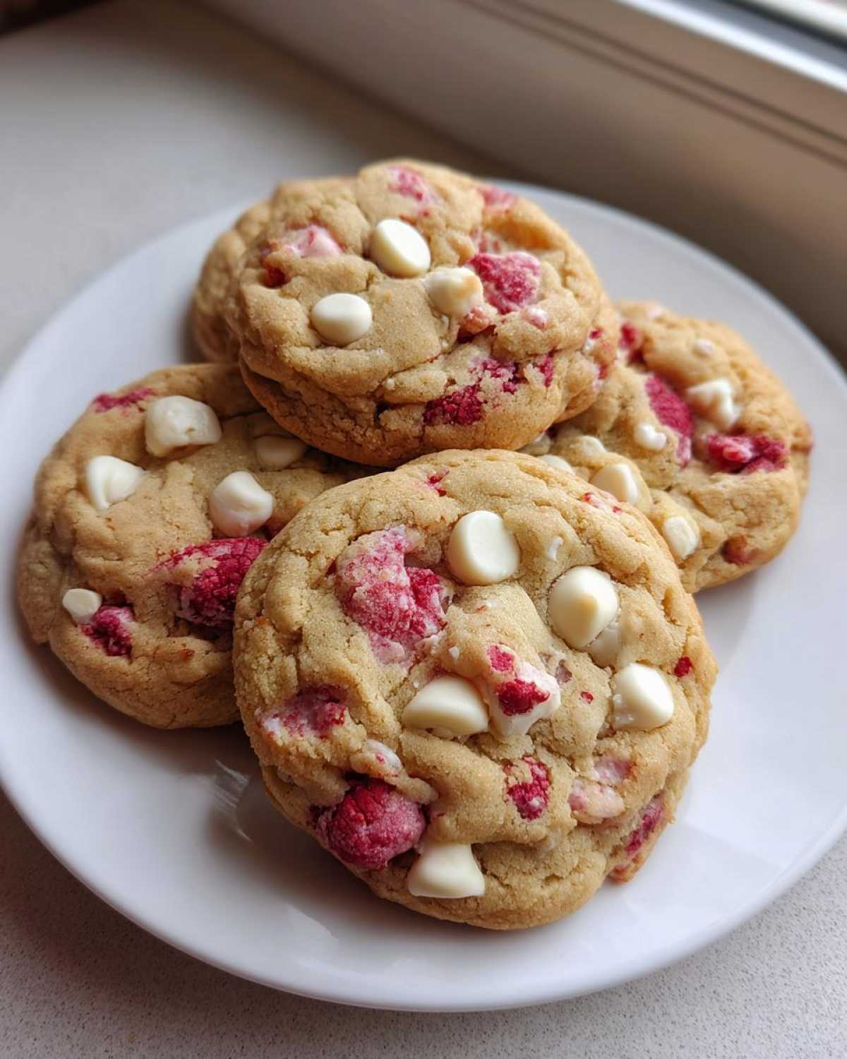 Close-up of four soft-baked white chocolate raspberry cookies piled on a white plate.