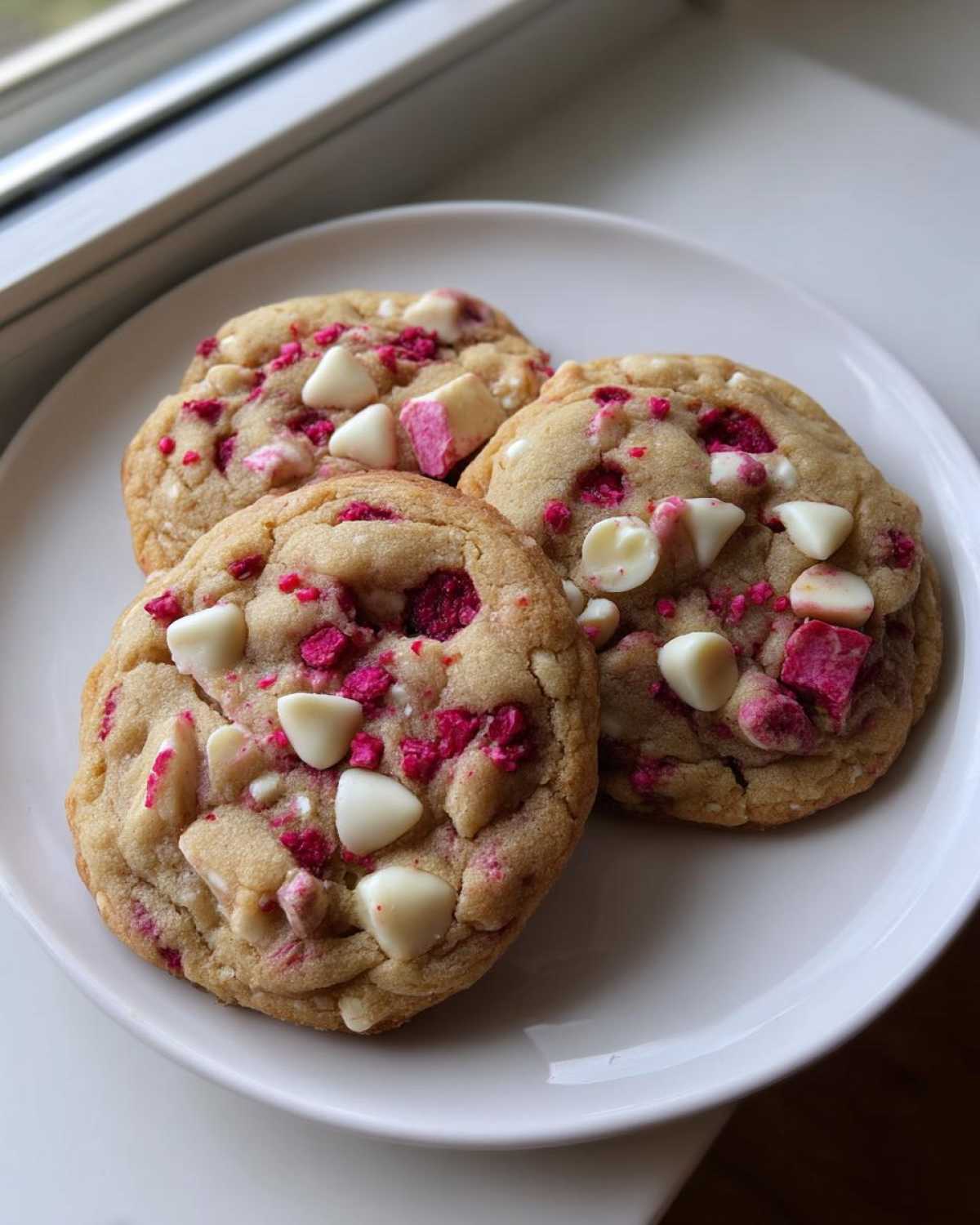 Three freshly baked white chocolate raspberry cookies topped with white chocolate chips and bright pink raspberry pieces.