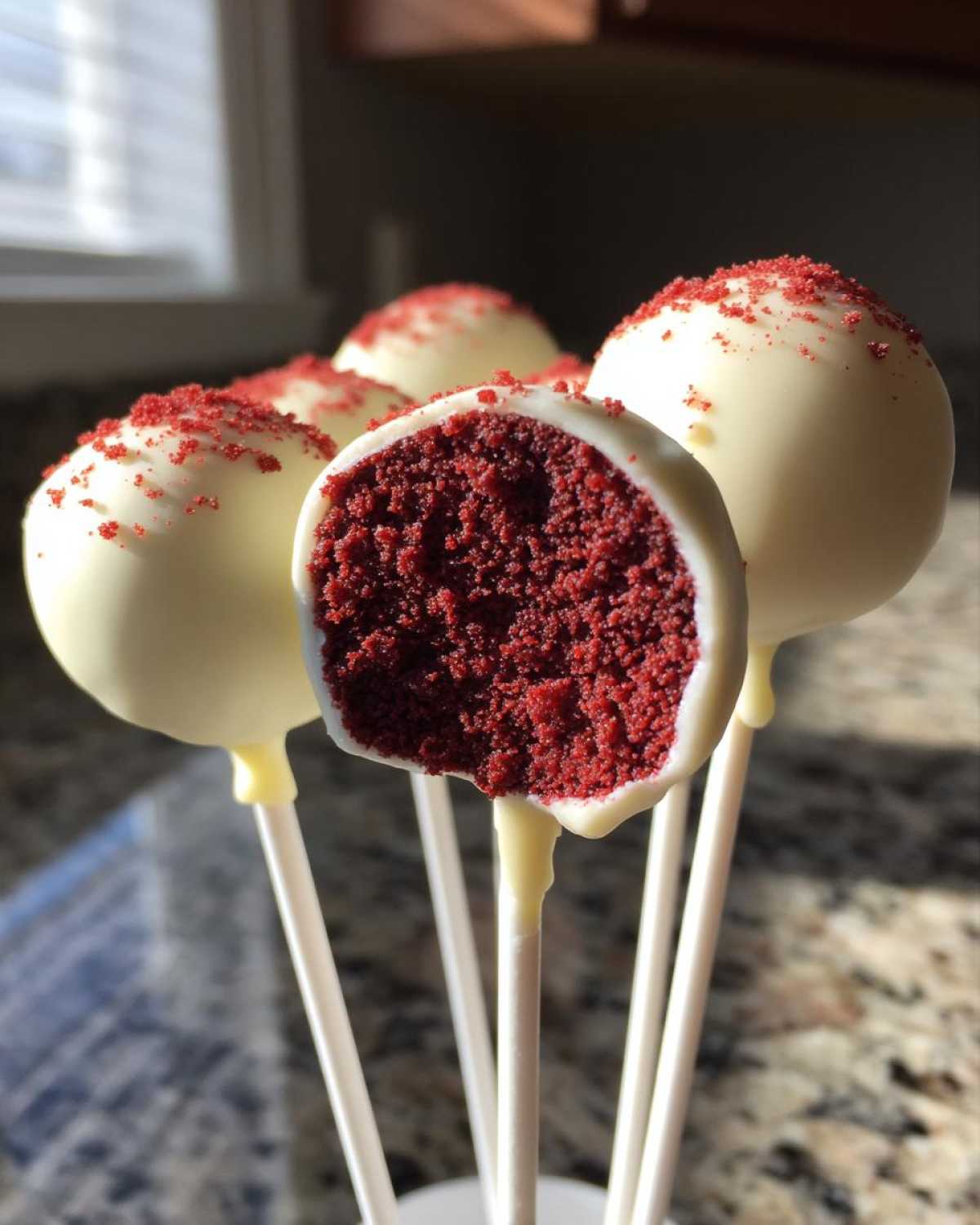 Close-up of white chocolate coated red velvet cake pops, one cut open showing the vibrant red interior.